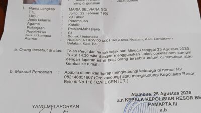 Hendak Dipinang, Karyawati Toko Pakan Neki Jaya Kefamenanu Dilaporkan Hilang